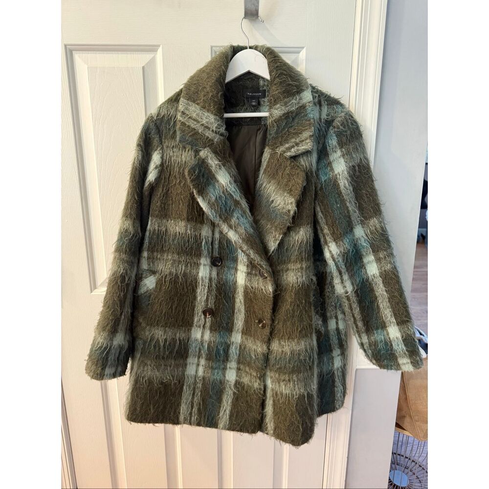 Halogen Nordstrom Green Shaggy Plaid Fuzzy Coat sz XXL - Picture 2 of 8